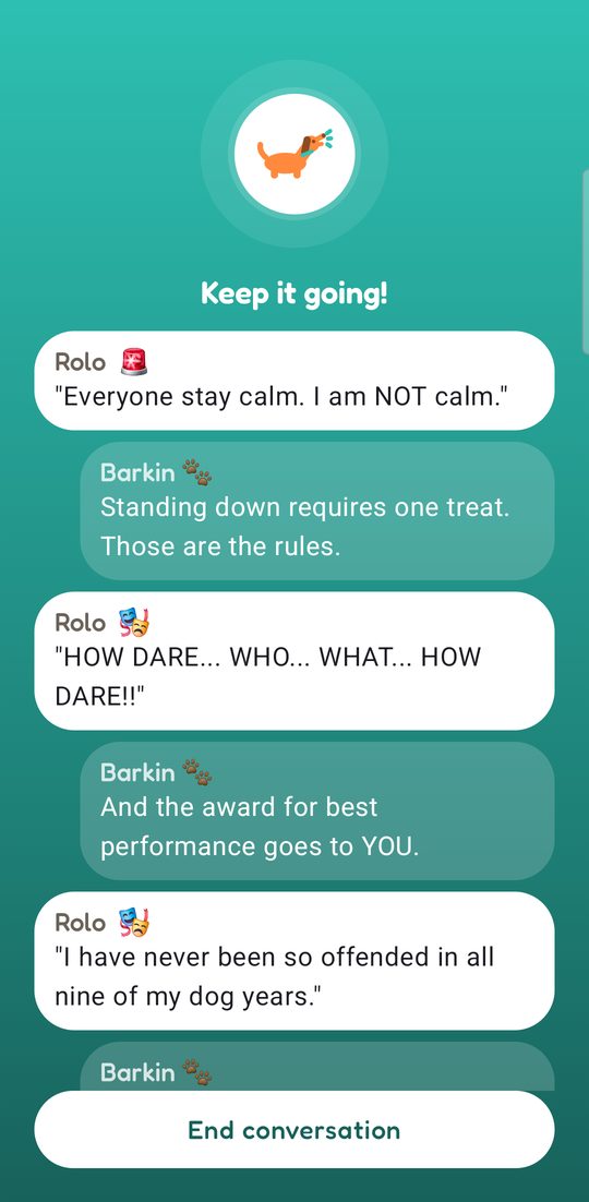 Conversation Mode showing a back and forth between a dog and Barkin