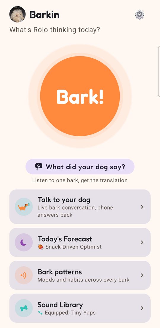 Barkin home screen with the big Bark button